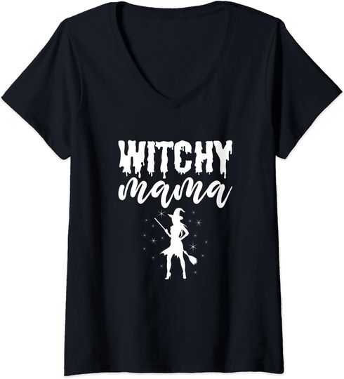 Womens Witchy Mama Spooky Witch Lover Mom Witchcraft Mother V-Neck T-Shirt
