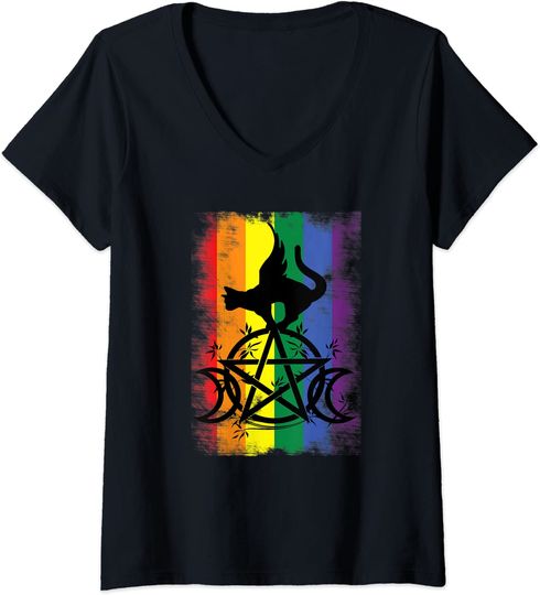 Witch Pride Flag Triple Moon Pentacle Wicca Pagan LGBTQ V-Neck T-Shirt