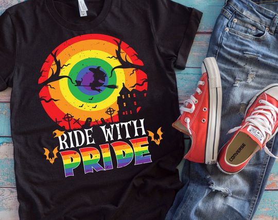 LGBT Witch Ride With Pride Halloween Gay Ally Witchcraft T-Shirt