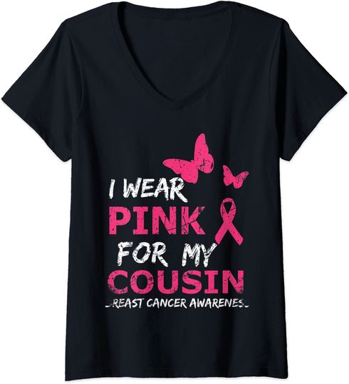 Womens Breast Cancer I Wear Pink for my Cousin Heart Ribbon V-Neck T-Shirt