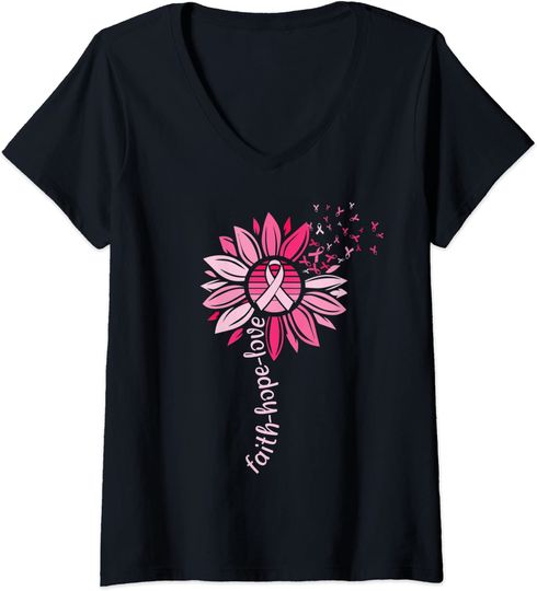 Faith Hope Sunflower Pink Breast Cancer Awareness Warrior V-Neck T-Shirt