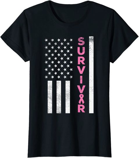 Breast Cancer Survivor Ribbon US Flag Awareness Gift Women T-Shirt