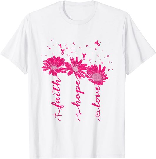 Faith Hope Love Breast Cancer Awareness Daisy Pink Ribbon T-Shirt