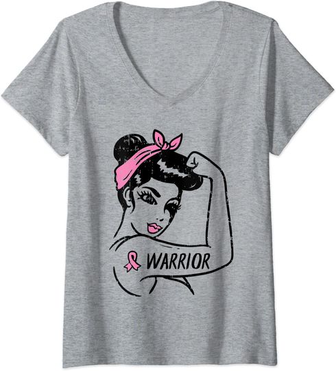 Breast Cancer Awareness Warrior Rosie Riveter Pink Women V-Neck T-Shirt