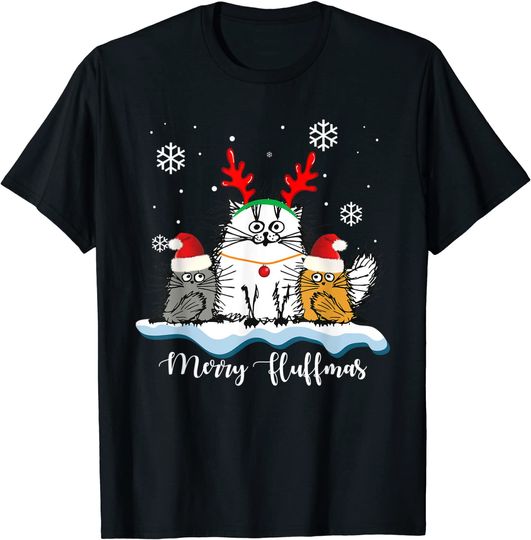 Merry Fluffmas Cats With Santa Hat Reindeer Horn Christmas T-Shirt