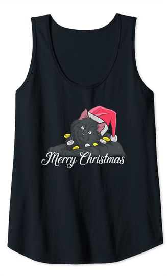 Black Cat Wearing a Santa Hat and Merry Christmas Lights Tank Top