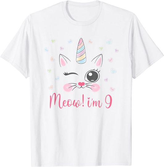 Meow I'm 9 Years Old Girl 9th Birthday Cat And Unicron Party T-Shirt