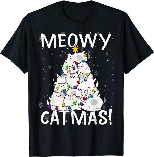 Meowy Cats Christmas Tree Xmas Lights T-Shirt