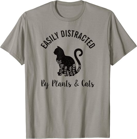 Easily Distracted By Plants & Cats Botanical Floral Cute Cat T-Shirt