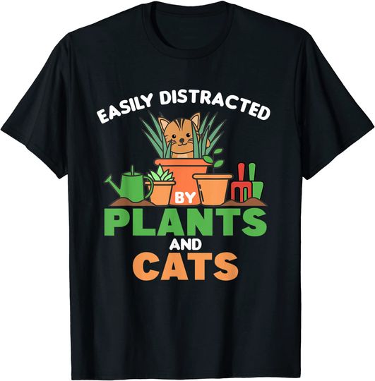 Easily Distracted By Plants And Cats Cute Cat With Flowers T-Shirt