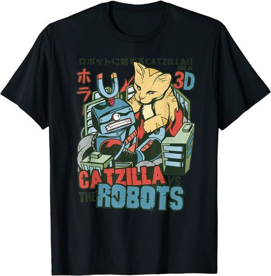 Catzilla Vs Robots Cat Japanese Cats Lovers T-Shirt