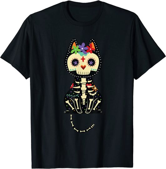 Sugar Skull Cat Cute Dia De Los Muertos Funny Mexican Gift T-Shirt