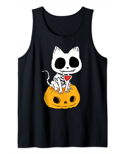 Cat on Pumpkin Skeleton Halloween Treat Tank Top