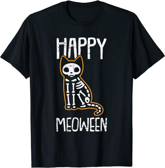 Happy Meoween Lazy Halloween Costume Funny Cat Skeleton T-Shirt