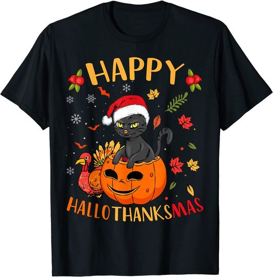 Happy HallowThankMas Black Cat Santa Hat Holiday Season T-Shirt