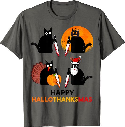 Happy Hallothanksmas Black Cat Halloween Thanksgiving T-Shirt