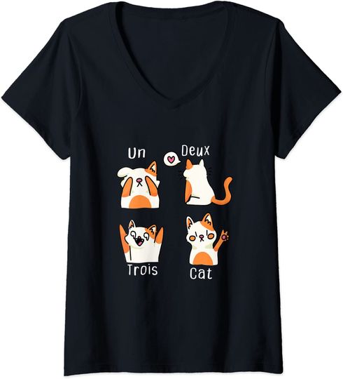Un Deux Trois Cat Kitten French Cat V-Neck T-Shirt