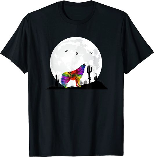 Wolf Howling Full Moon Cactus Desert Night Wild Boho Hippie T-Shirt