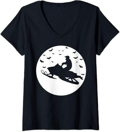 Snowmobile Rider Snowmobiling Full Moon Halloween V-Neck T-Shirt