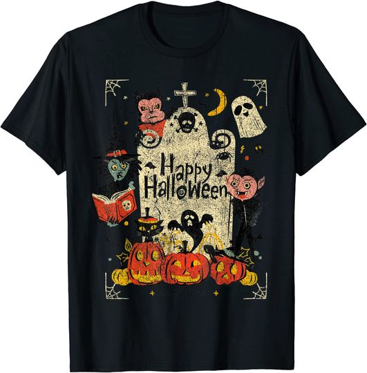 Vintage Retro Happy Halloween Spooky Ghost Witch Costume Tee T-Shirt