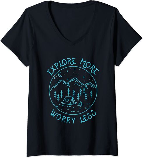 WExplore More Worry Less Campfire Nature Lover Tent Camping V-Neck T-Shirt