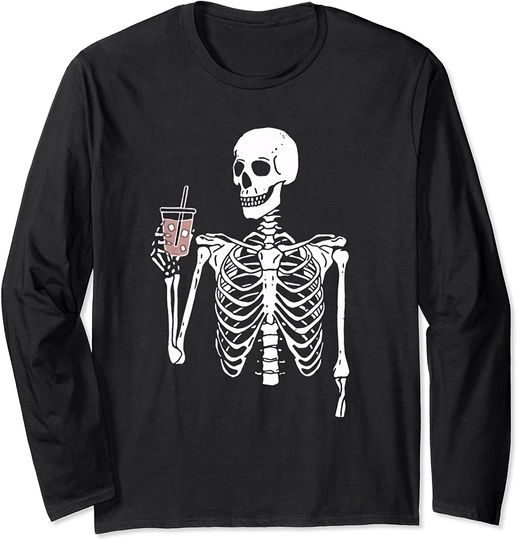 Halloween Skull Iced Coffee Skeleton Drinking Costume Long Sleeve