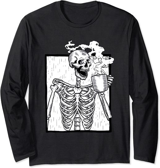 Halloween Coffee Drinking Skeleton Skull Long Sleeve