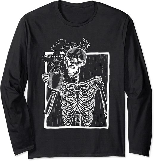 Skeleton Vintage Picture With Smiling Skull Drinking Coffee Long Sleeve