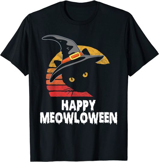 Happy Meowloween! Funny Cat Witch's Hat Halloween 80s Sunset T-Shirt