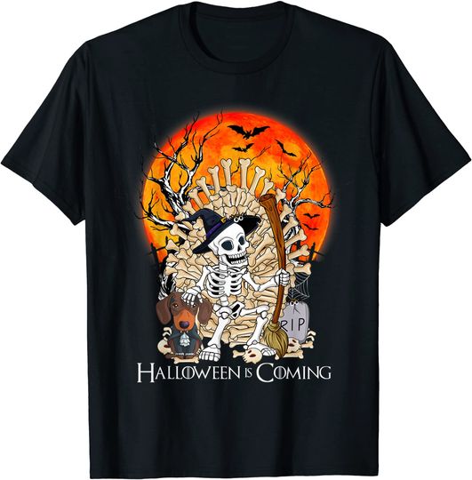 Halloween Is Coming Skeleton King On Throne Dachshund Dog T-Shirt