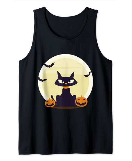 Black Cat and Full Moon With Pumpkins And Bats Halloween Tank Top