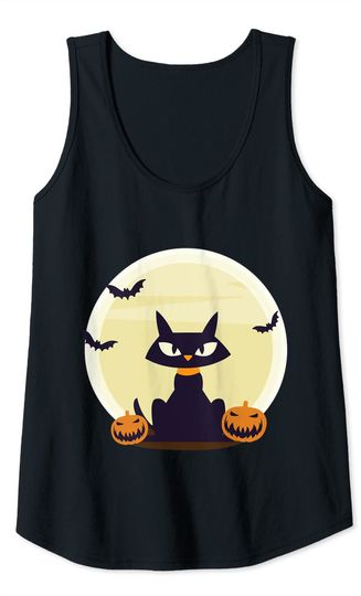 Black Cat and Full Moon With Pumpkins And Bats Halloween Tank Top