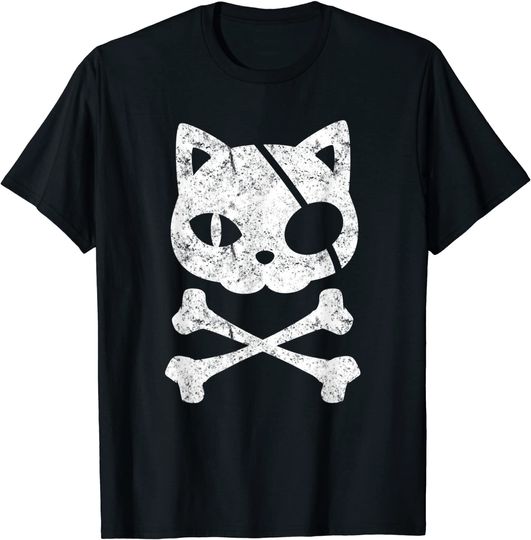 Cat Skull Vintage Pirate Cat Kitten Halloween Skull Cross Bones T-Shirt