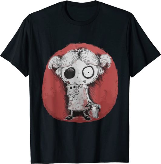 Scary Funny Graphic Girl with Teddy Bear Bloody Gothic T-Shirt