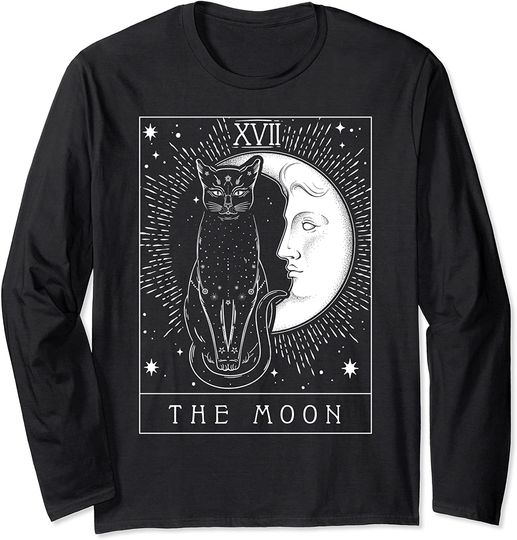 Tarot Card Crescent Moon And Cat Graphic Long Sleeve