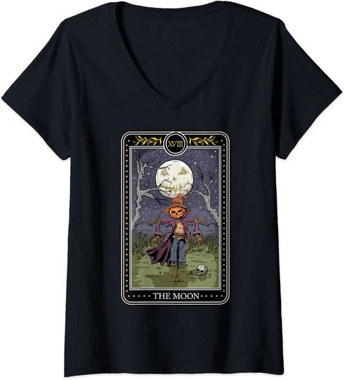 Womens The Moon Tarot Card Graphic Tee Halloween Scarecrows lovers V-Neck T-Shirt