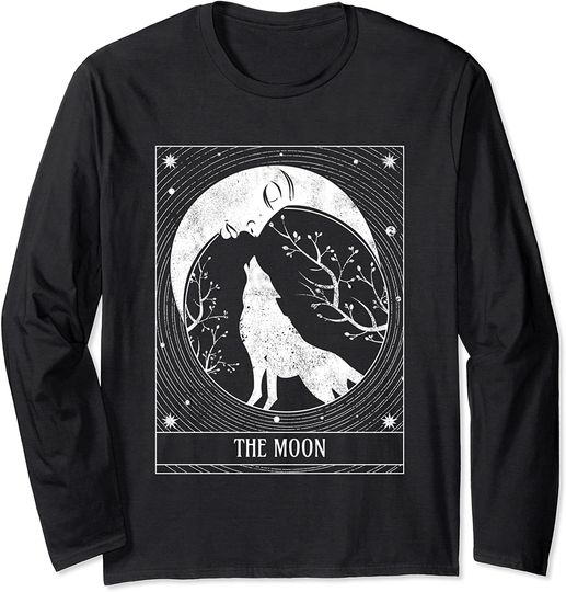 Tarot Card Distressed Crescent Moon And Wolf Long Sleeve