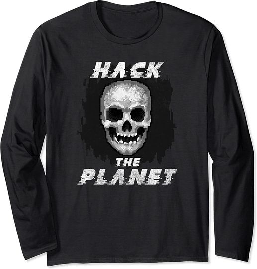 Hack The Planet Retro Pixel Art Computer Skull Graphic Long Sleeve