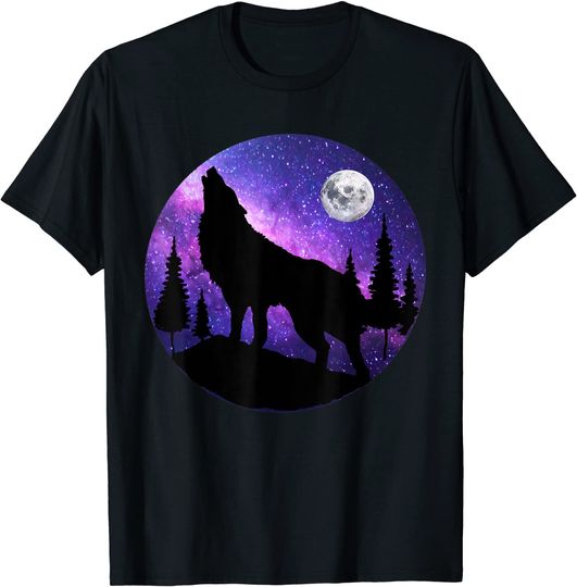 Howling Wolf Under The Full Moon With Purple Galaxy Sky T-Shirt