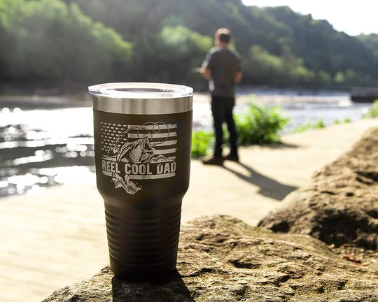 Reel Cool Dad Coffee Tumbler - Perfect Father's Day Gifts for Fisherman - 30 oz Steel Travel Mug