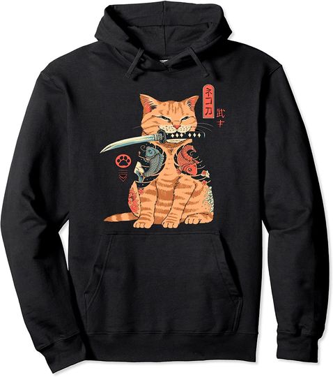 Samurai Cat Ninja Kawaii Tattoo Graphic Pullover Hoodie