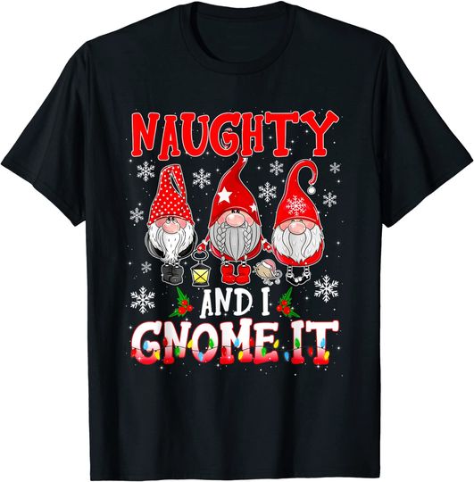 Naughty And I Gnome It Christmas Plaid Three Gnomes T-Shirt