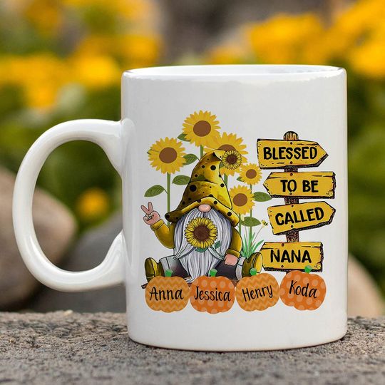 Personalized Blessed To Be Called Nana Gnome Sunflower Fall Mug