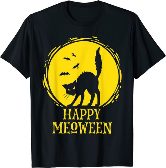 Happy Meoween Black Cat & Bats For Halloween Costume T-Shirt