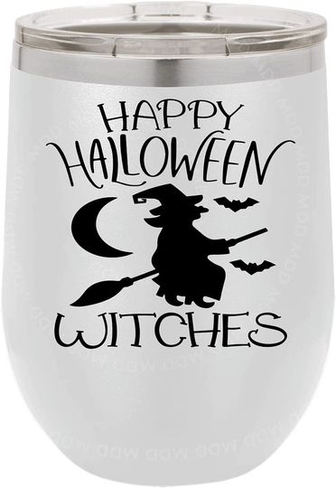 Happy Halloween Witches - WHITE - 12oz WINE GLASS