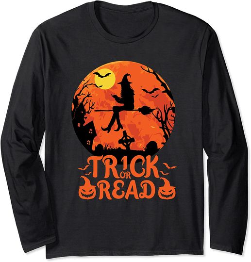 Halloween Trick Or Read Witch Broom Graveyard Long Sleeve