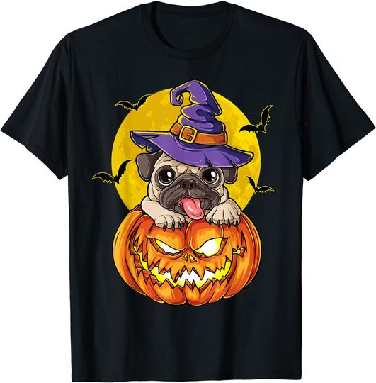 Pug Witch Pumpkin Halloween Girls T-Shirt