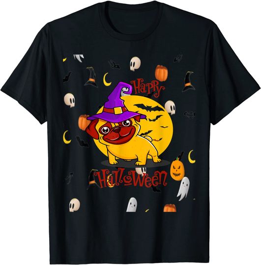 Happy Halloween Pug Wearing Witch Hat Bats Ghosts Pumpkins T-Shirt