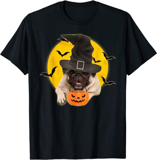 Pug Dog Dressed Up For Halloween Pumpkin Basket T-Shirt