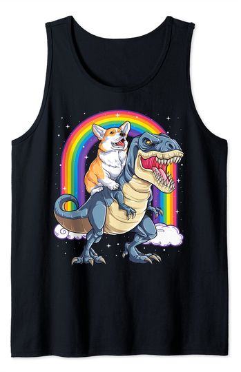 Corgi Riding Dinosaur T-Rex Space Galaxy Rainbow Gifts Tank Top